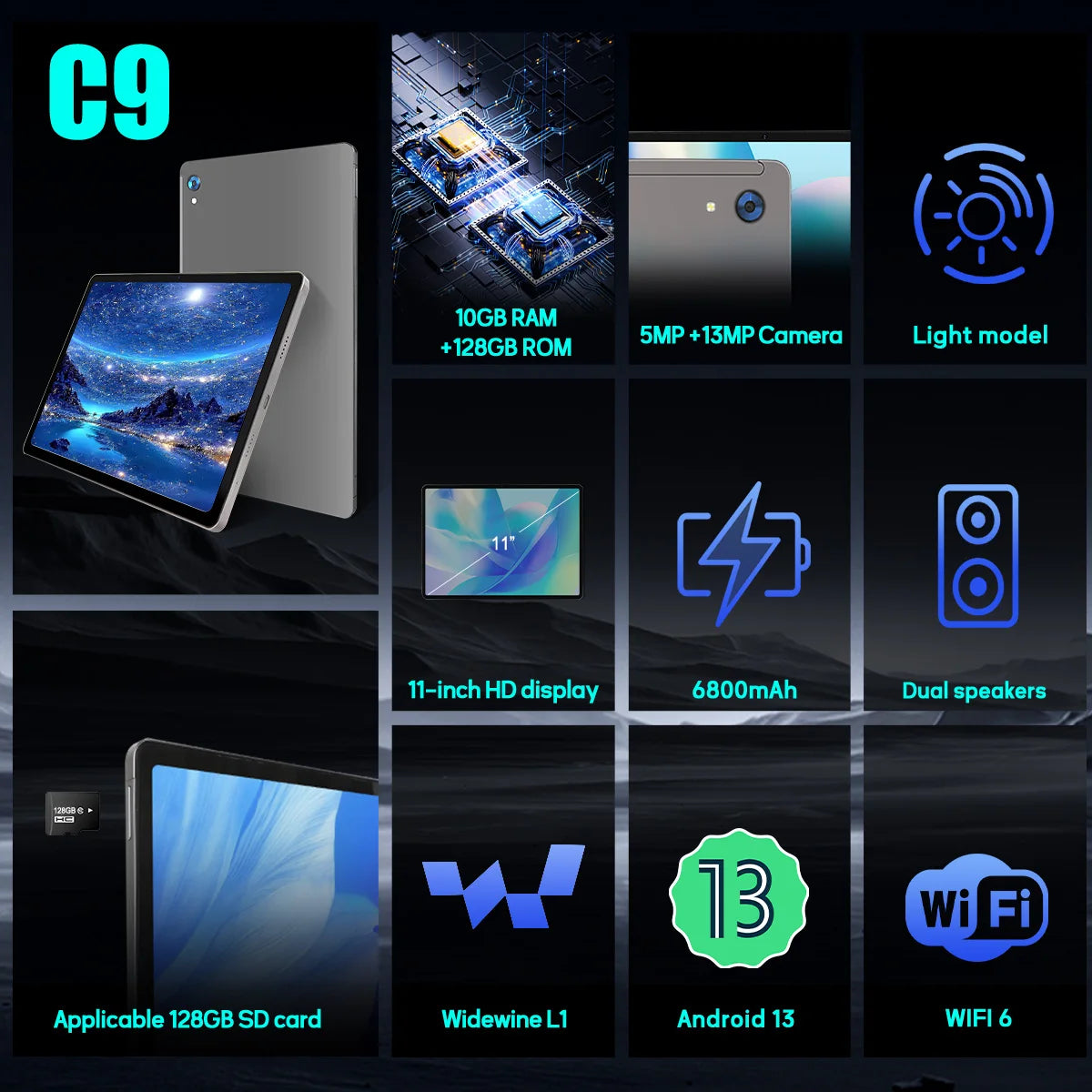 C9 Plus 11 Inch Tablet HD Display Android 14 Octa-Core 12GB RAM