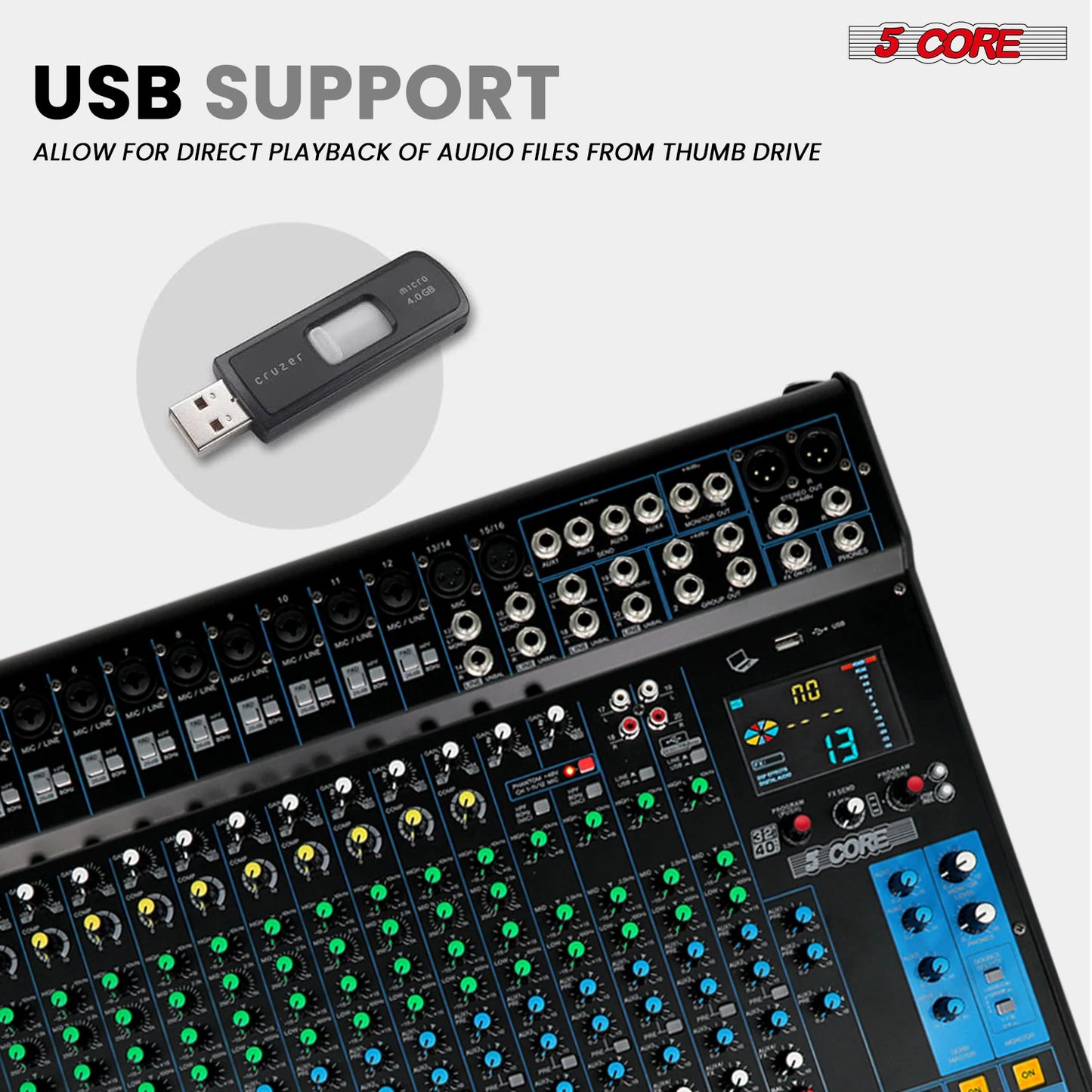 5 Core 20 Channel DJ Audio Mixer with USB Bluetooth Effects