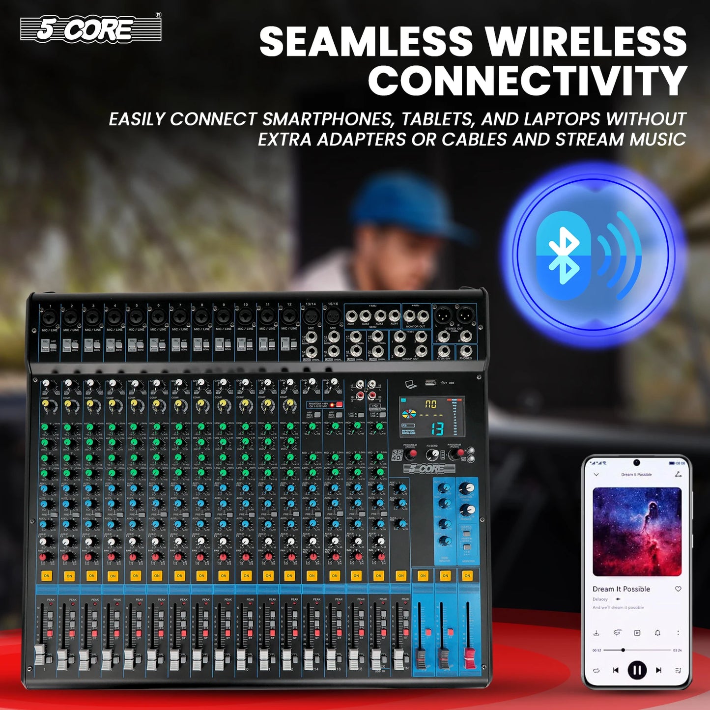 5 Core 20 Channel DJ Audio Mixer with USB Bluetooth Effects