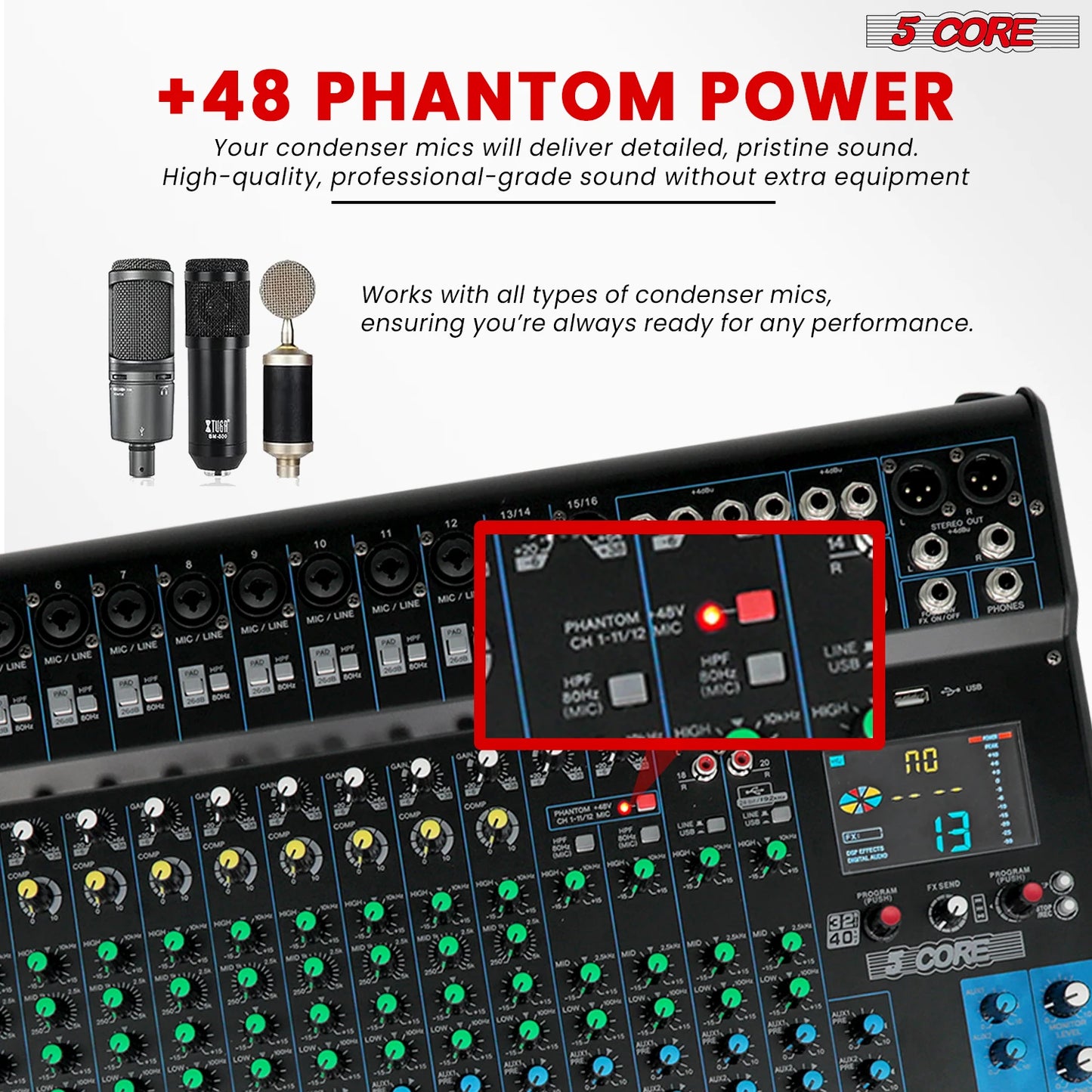 5 Core 20 Channel DJ Audio Mixer with USB Bluetooth Effects