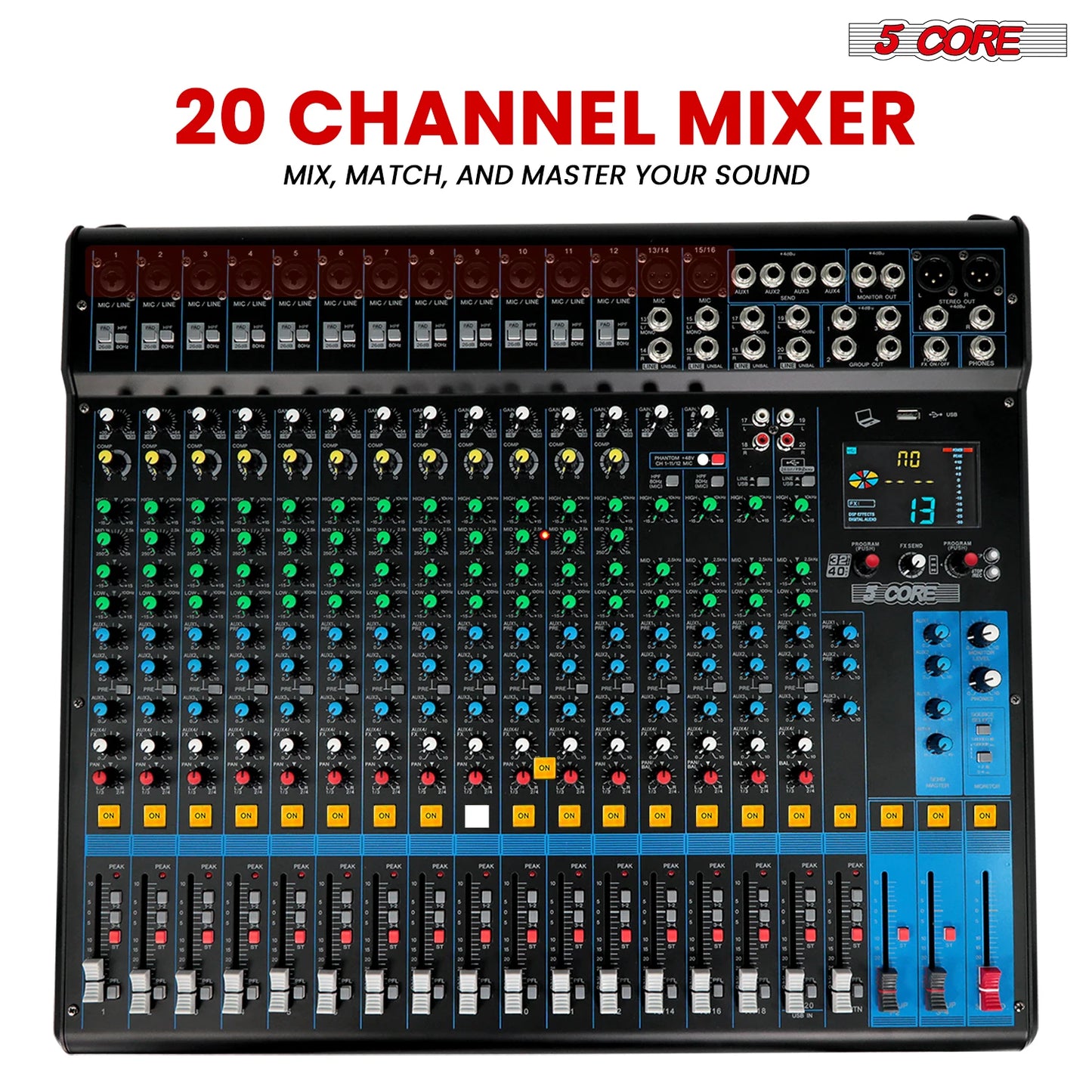 5 Core 20 Channel DJ Audio Mixer with USB Bluetooth Effects