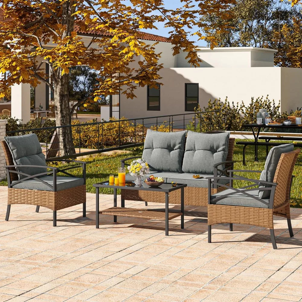 Outdoor Wicker Patio Conversation Set With Metal Table