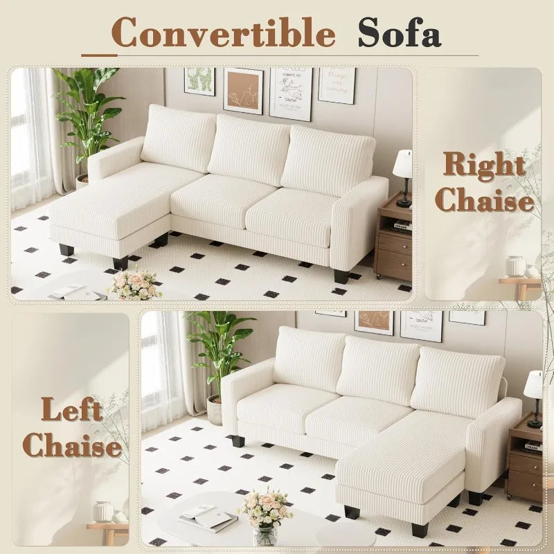Cream Corduroy L Shaped Sofa With Convertible Chaise