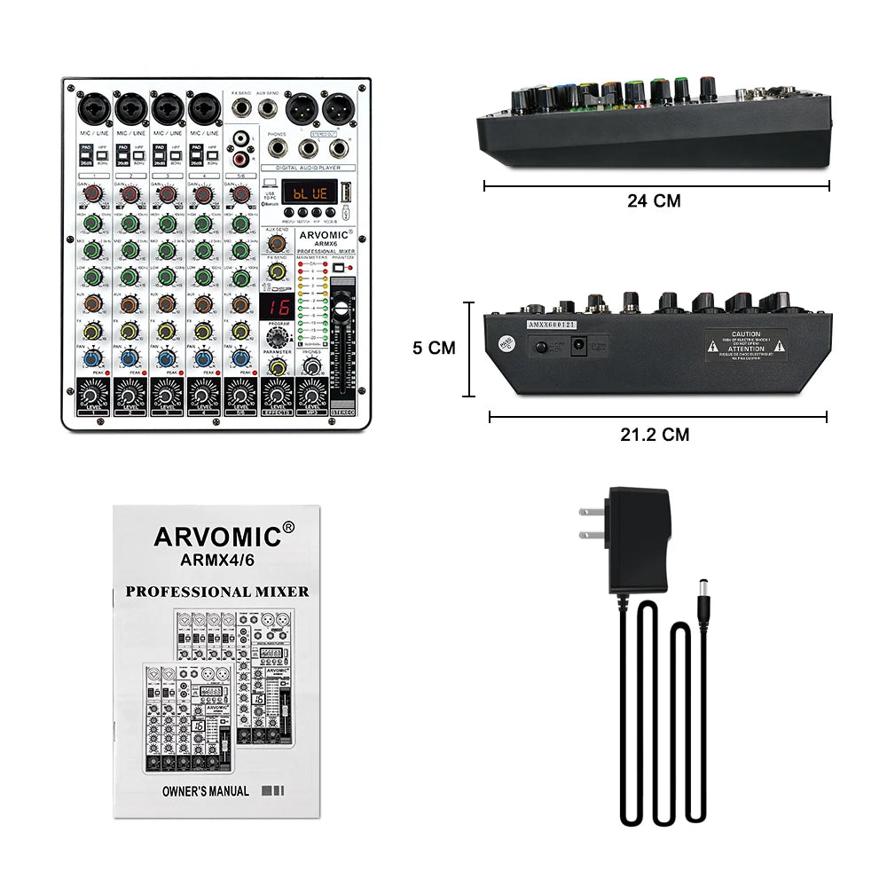 ARVOMIC 6-Channel DJ Mixer with USB Bluetooth and DSP Effects