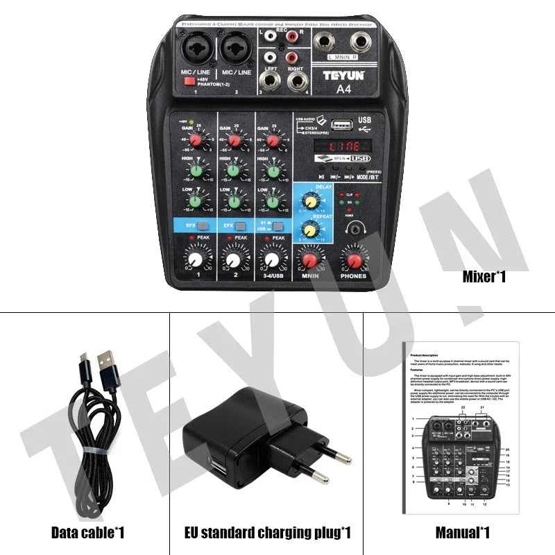 Teyun A4 4 Channel Audio Mixer with Bluetooth and USB