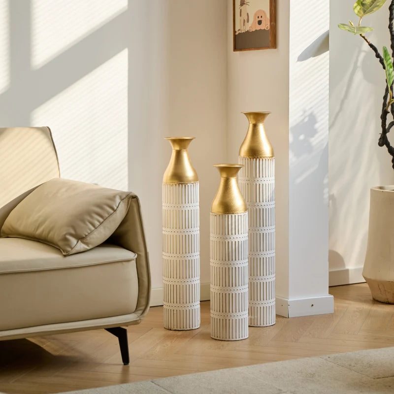 White Metal Floor Vase Set Of 3 Modern Glazed Decor