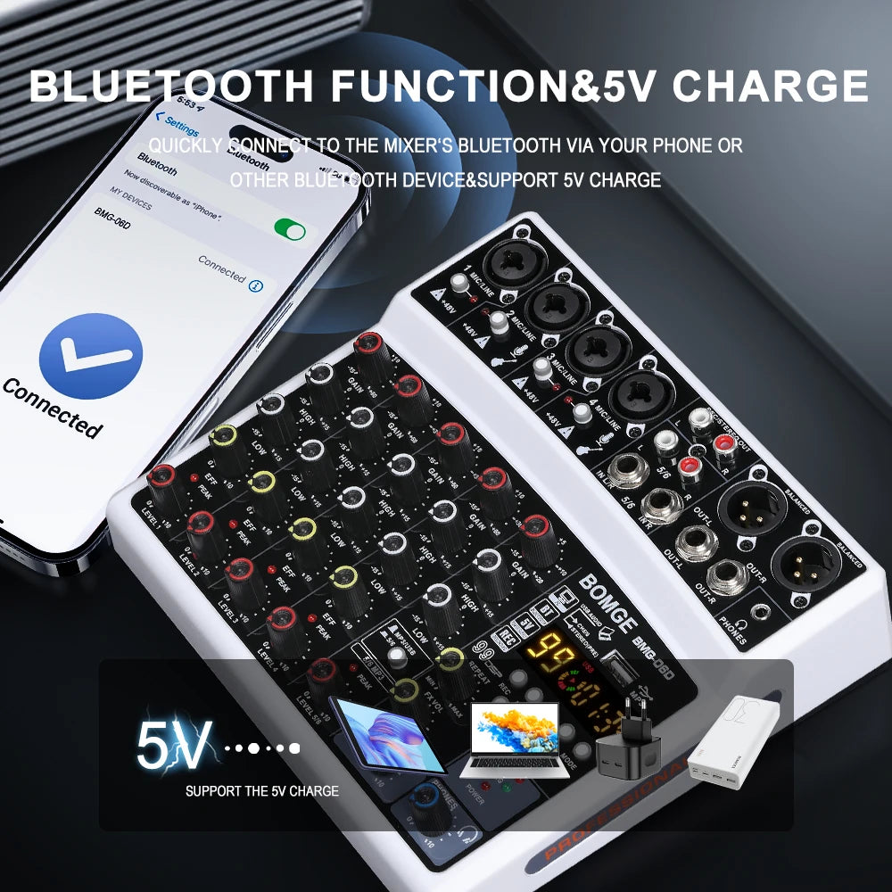 BOMGE Wireless 6 Channel Audio Mixer USB Sound Card