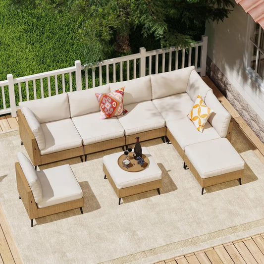 Modern Eight Piece Outdoor Sectional Sofa Rattan Wicker Set