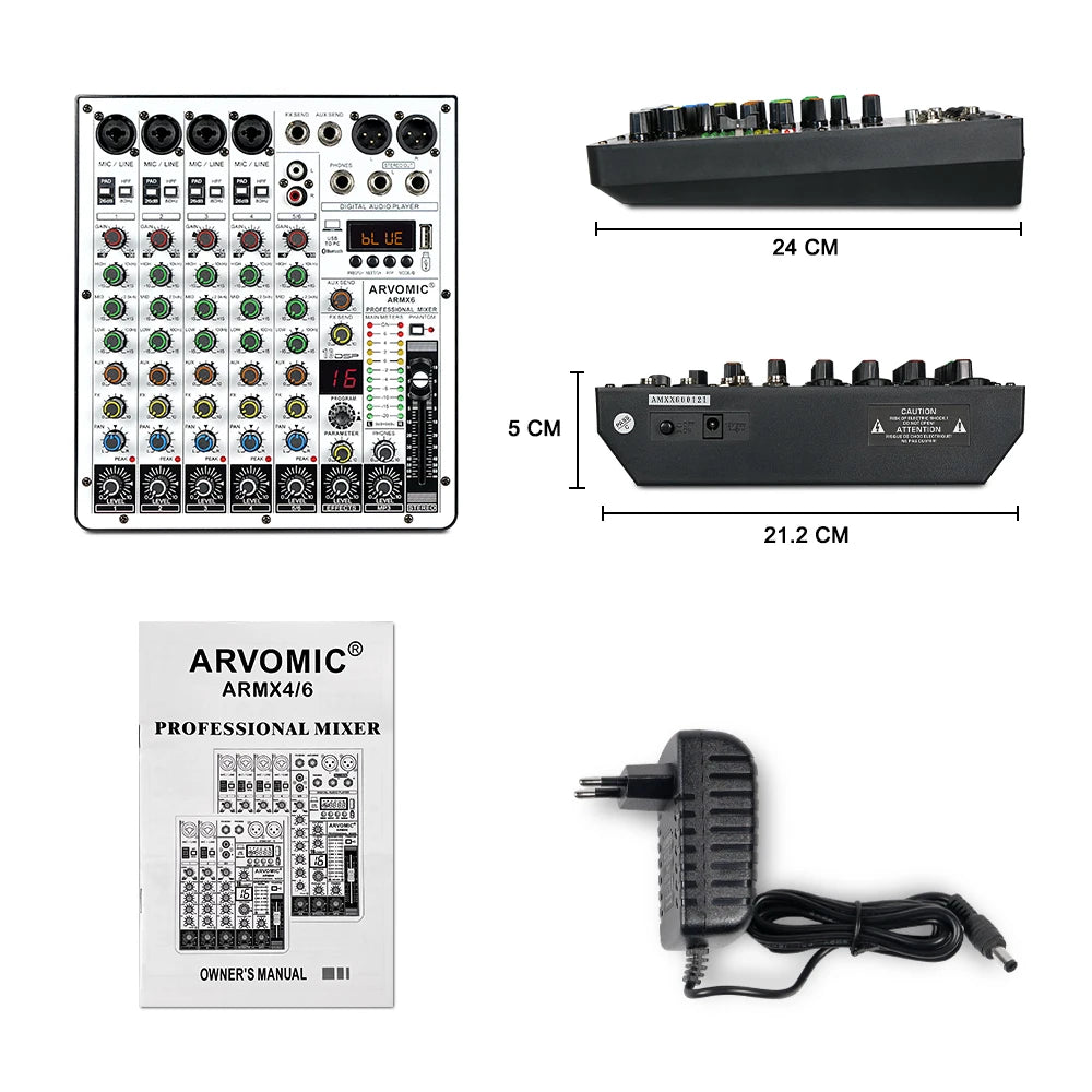 ARVOMIC 6-Channel DJ Mixer with Bluetooth and DSP Effects