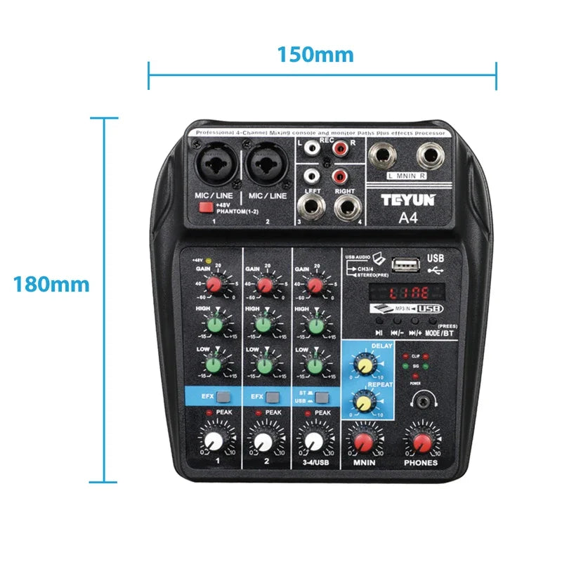 Teyun A4 4 Channel Audio Mixer with Bluetooth and USB
