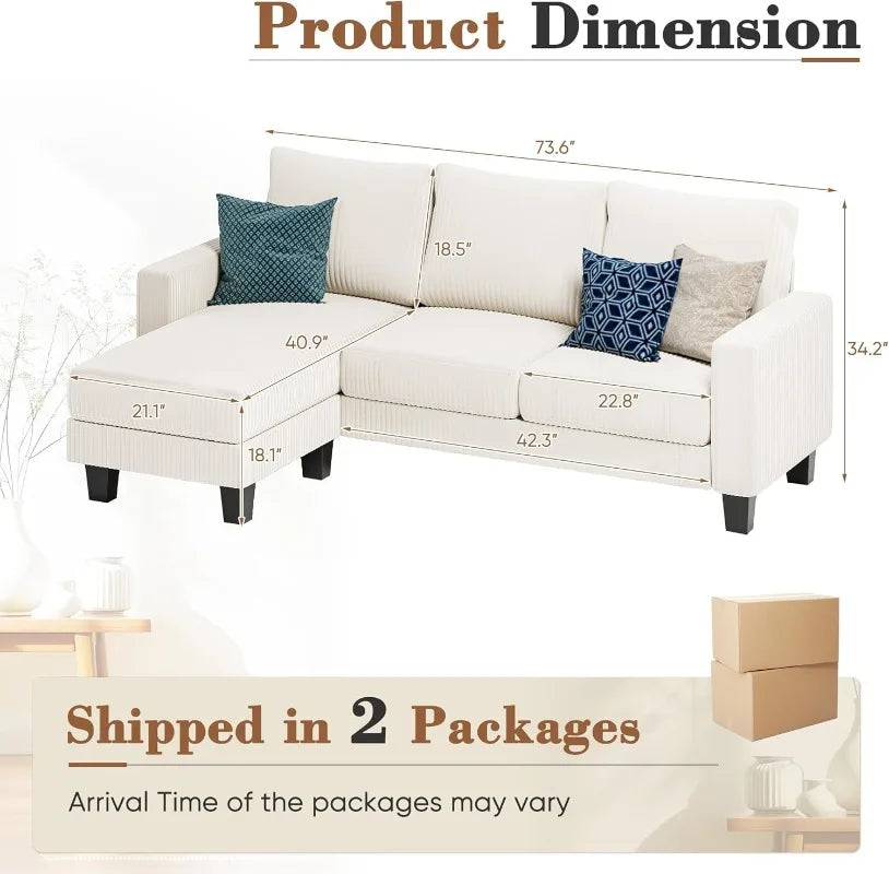 Cream Corduroy L Shaped Sofa With Convertible Chaise