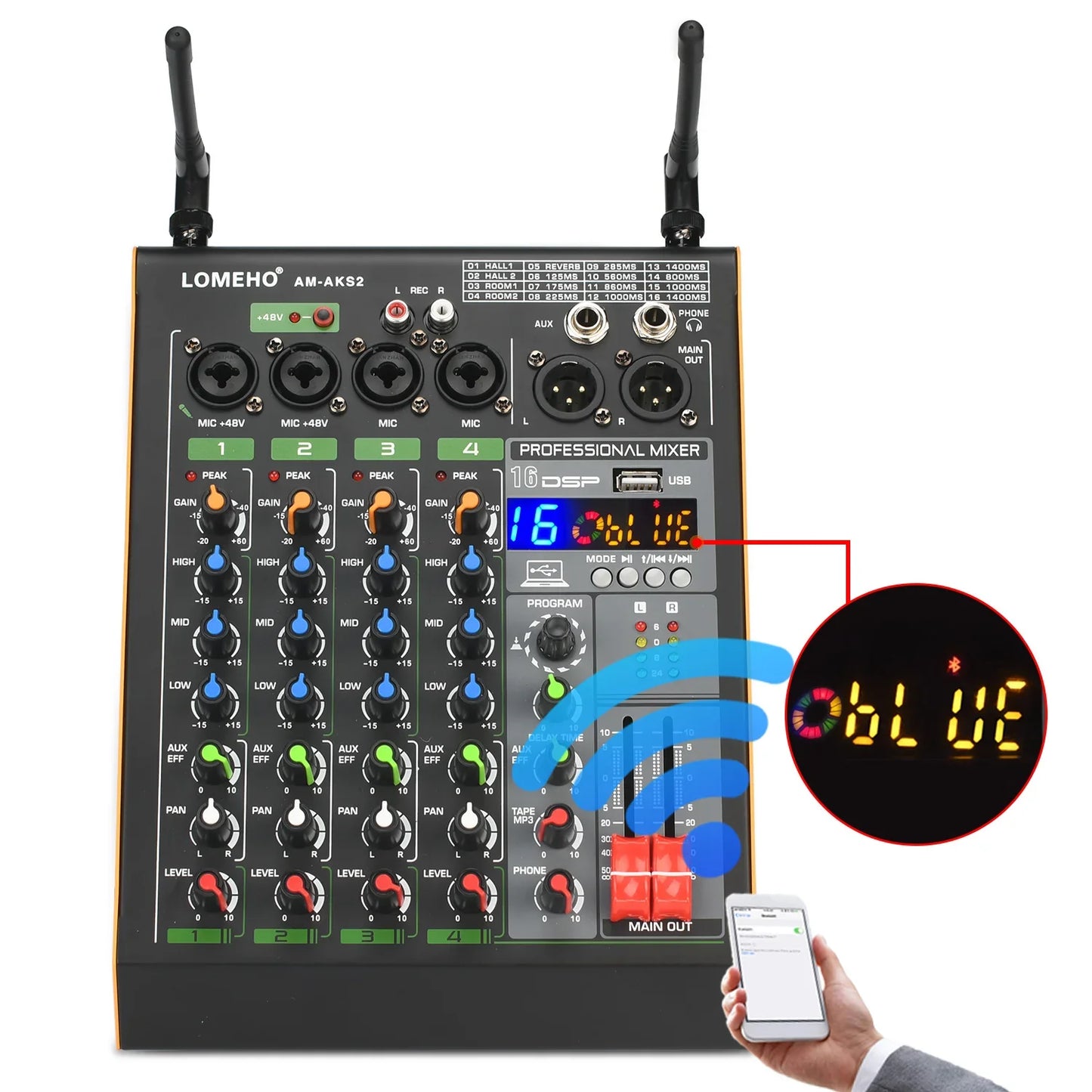 LOMEHO 4 Channel Bluetooth Audio Mixer with 2 Microphones