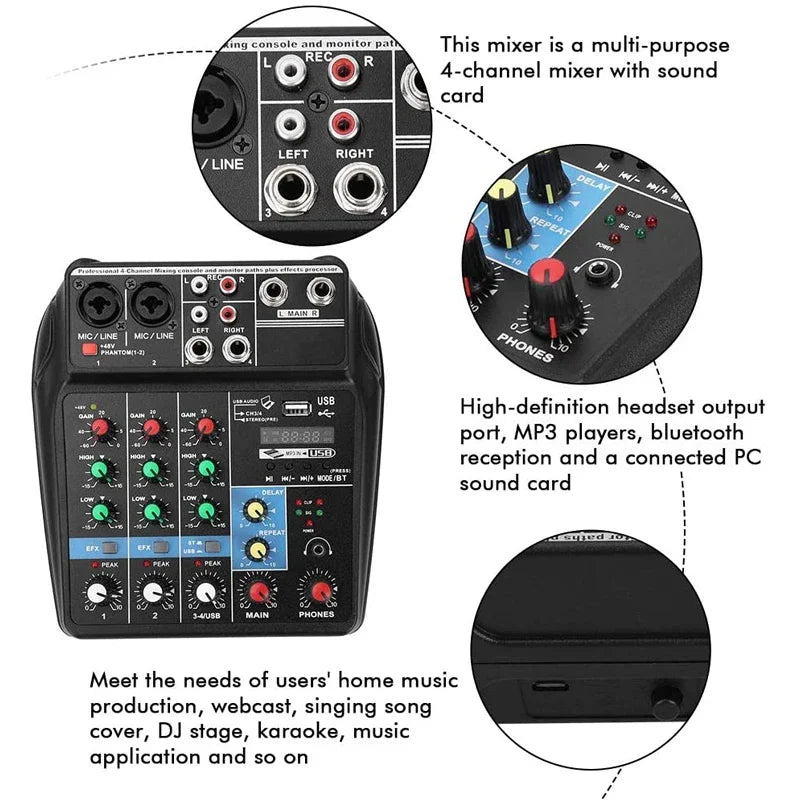 Teyun A4 4 Channel Audio Mixer with Bluetooth and USB