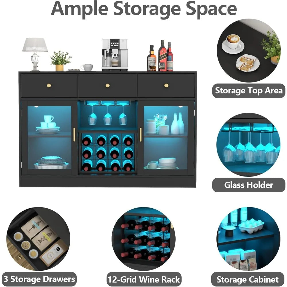 Wine Bar Cabinet With LED Light And Glass Rack Storage