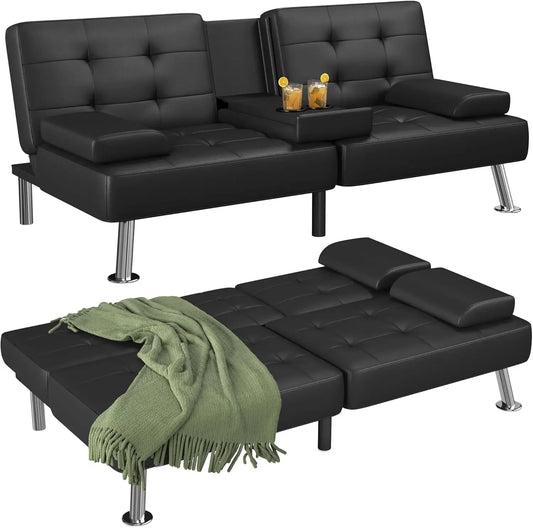 Modern Folding Futon Sofa Bed With Cup Holders Recliner