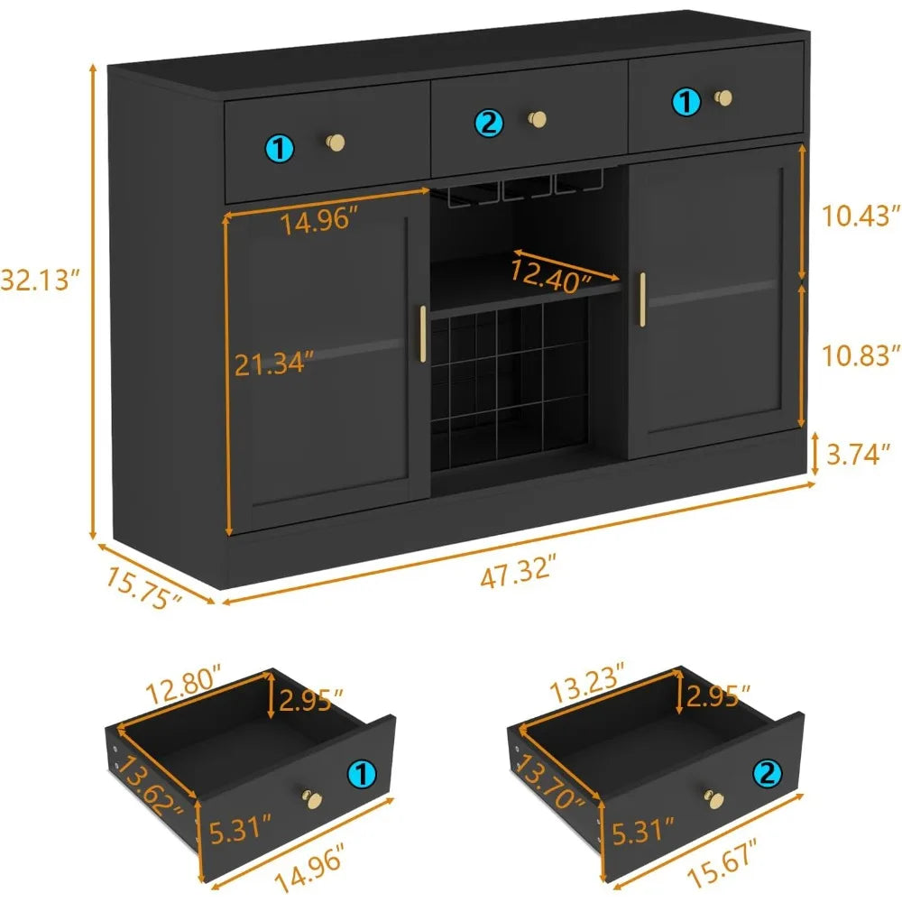 Wine Bar Cabinet With LED Light And Glass Rack Storage