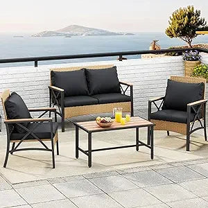 Outdoor Wicker Patio Conversation Set With Metal Table