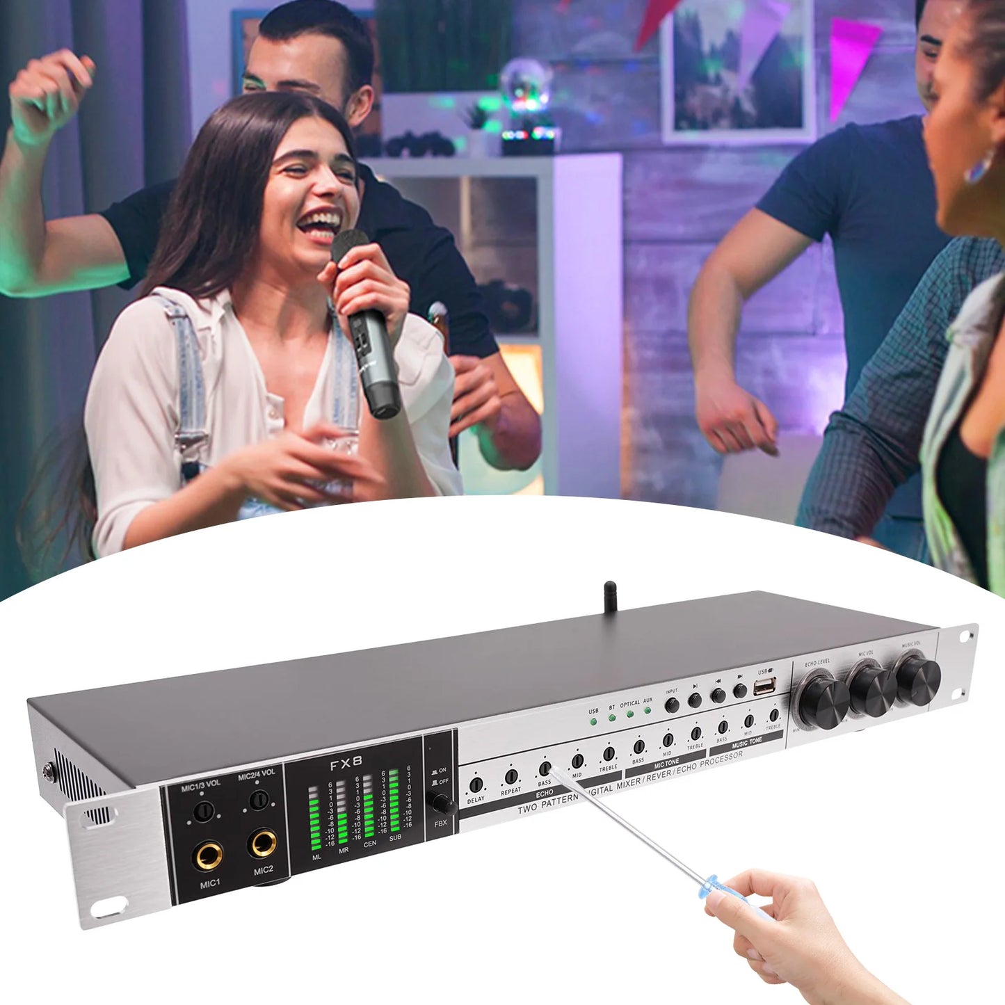 Professional 4-Mic Karaoke Mixer with Bluetooth and EQ Controls