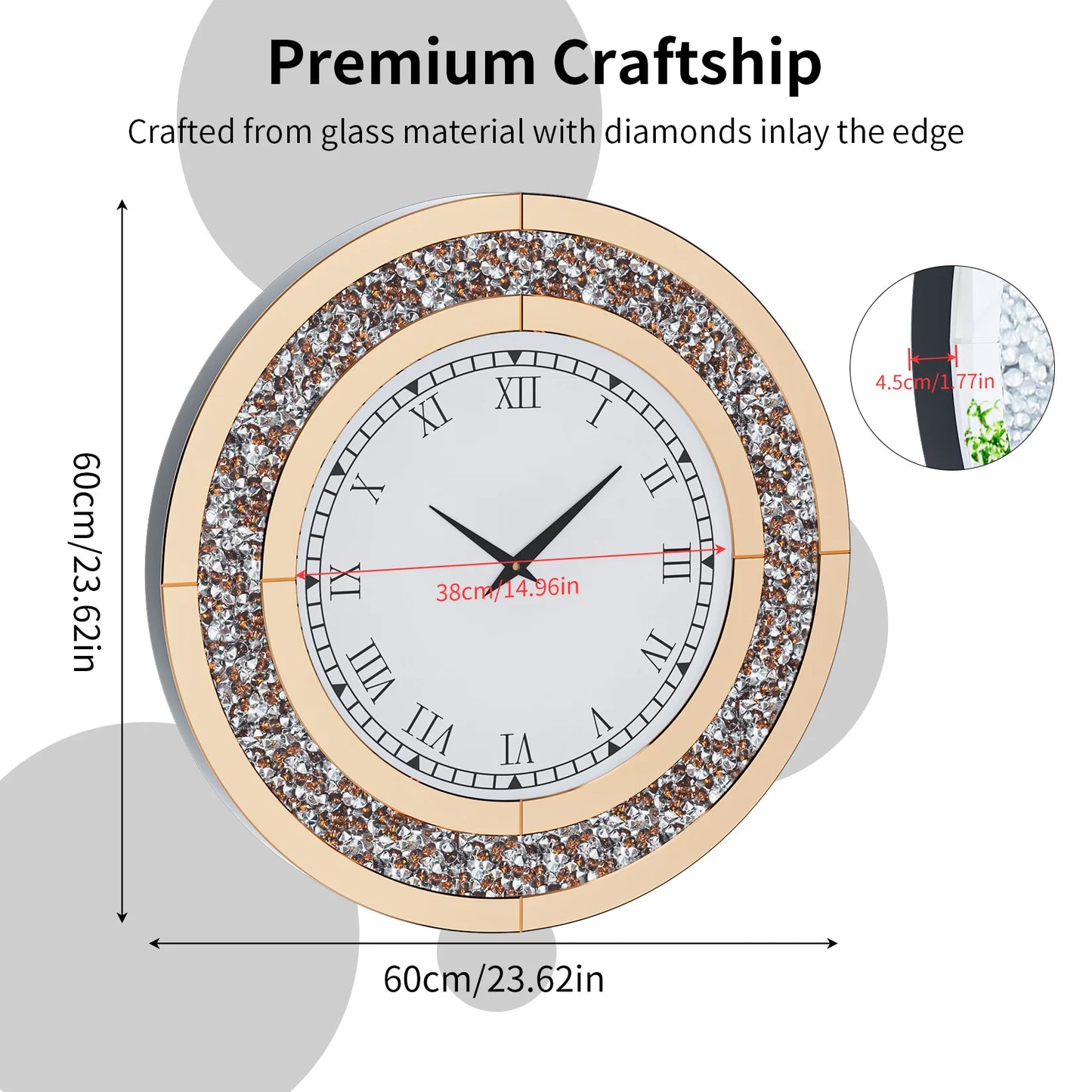 Silver Round Mirror 24 Inch Large Wall Clock with Crystal Bling - Antland Marketplace