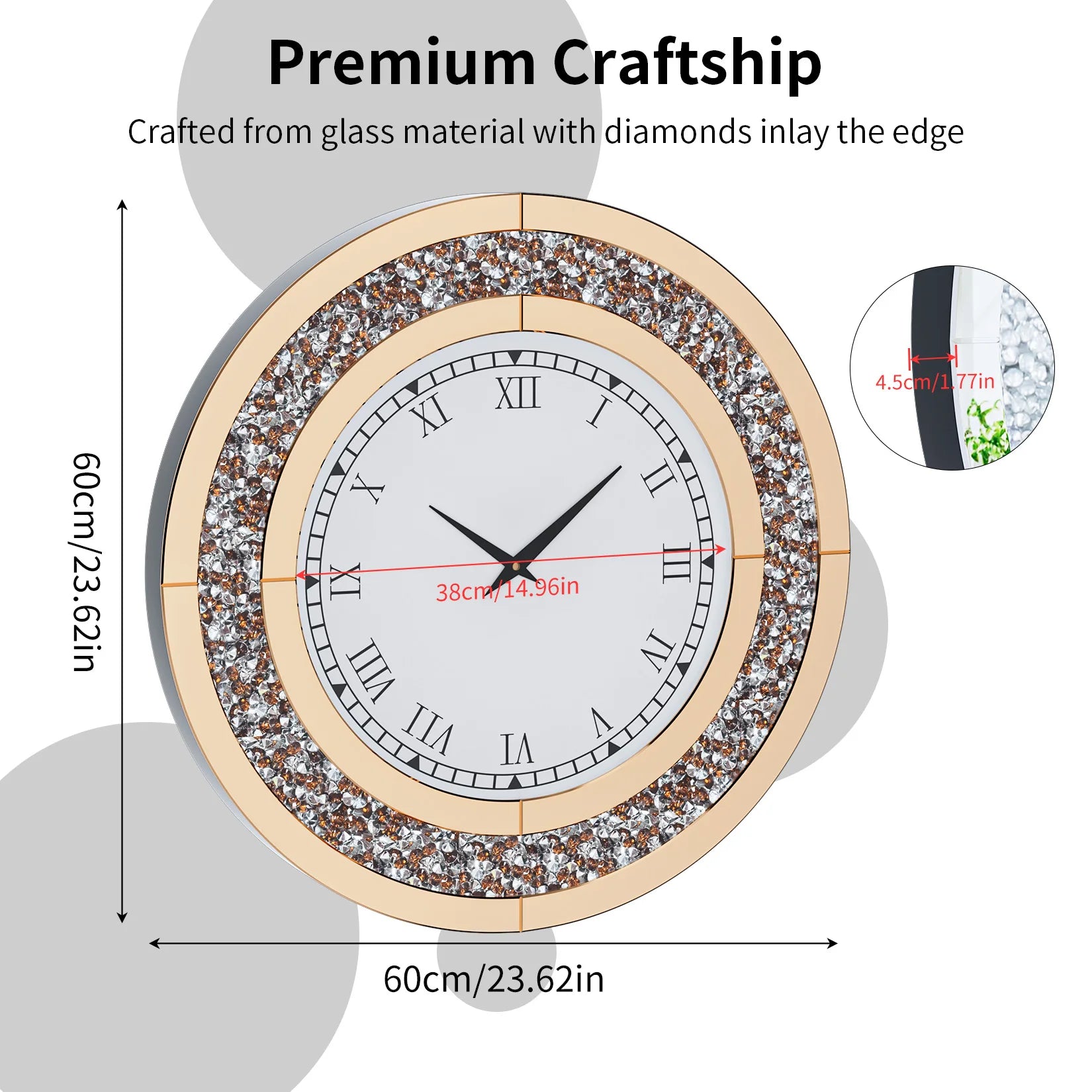 Silver Round Mirror 24 Inch Large Wall Clock with Crystal Bling - Antland Marketplace