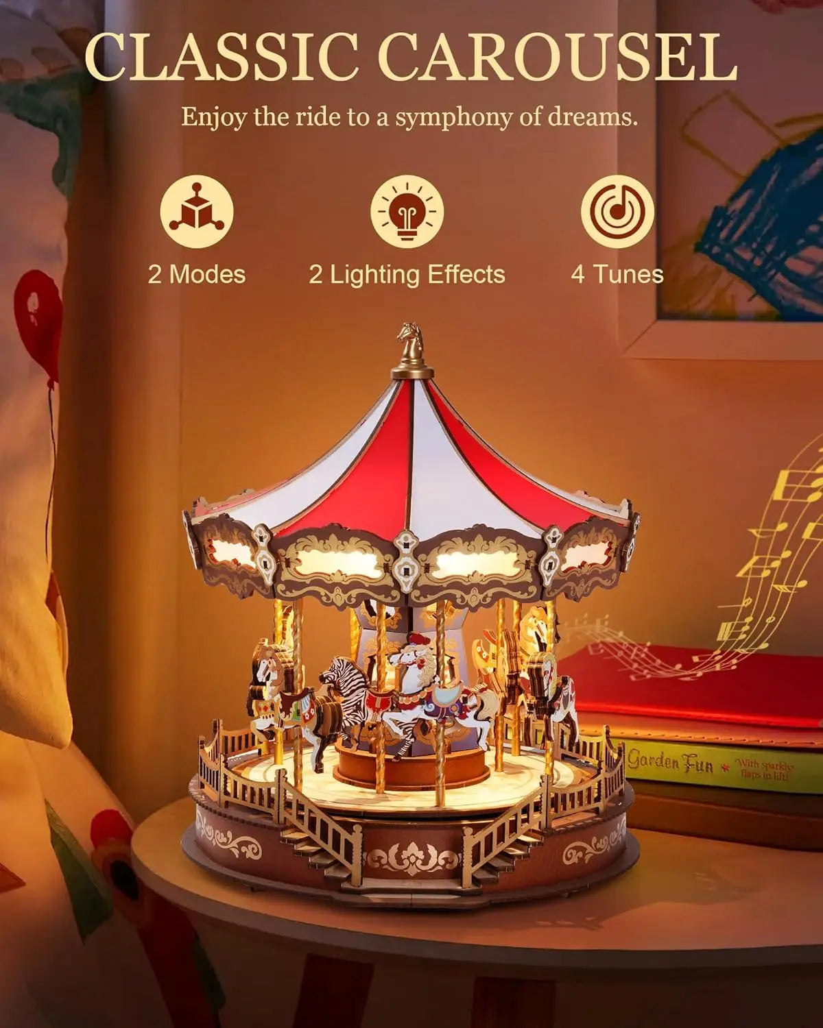 Robotime 3D Carousel Wooden Puzzle Music Box With LEDs