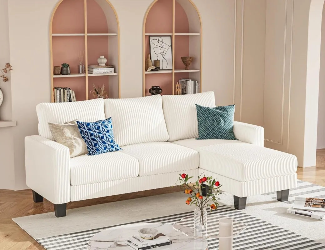 Cream Corduroy L Shaped Sofa With Convertible Chaise