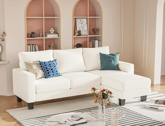 Cream Corduroy L Shaped Sofa With Convertible Chaise