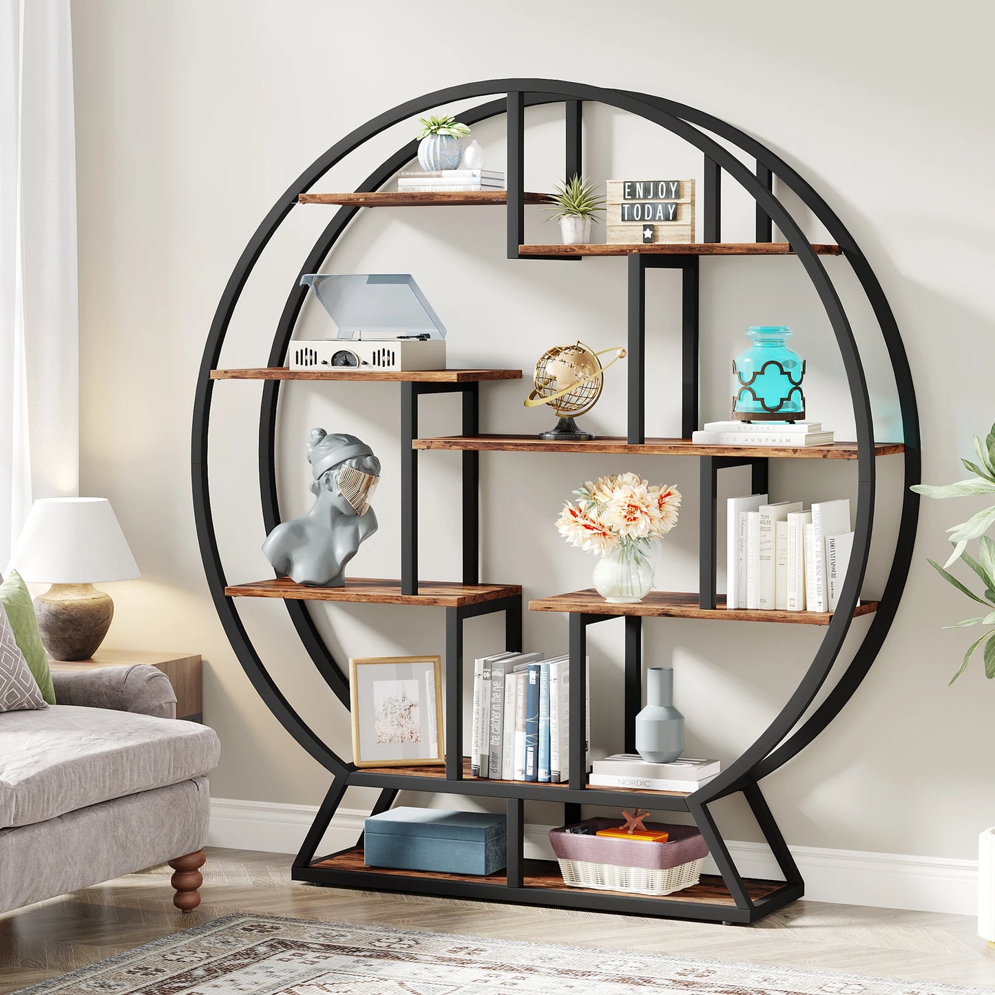 Tribesigns Round Etagere Bookshelf 63 Inch Industrial Wood
