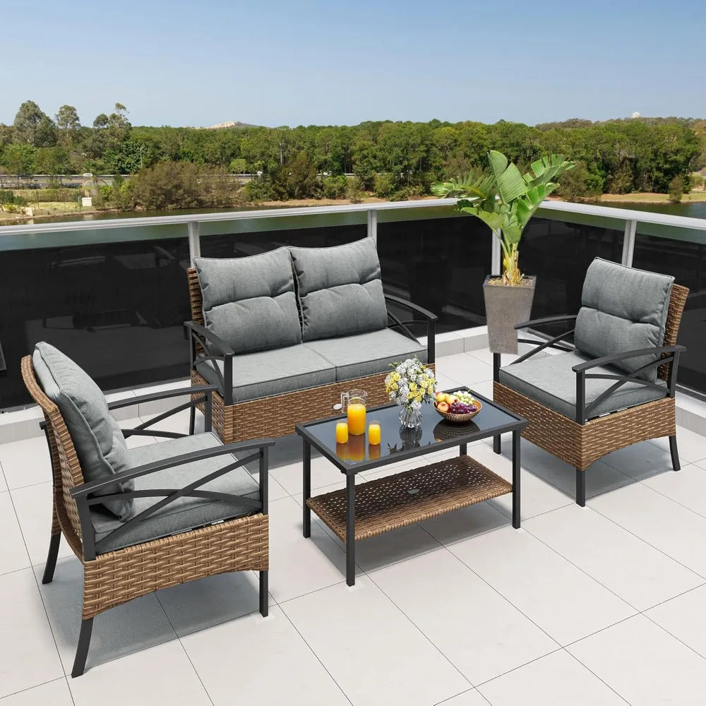 Outdoor Wicker Patio Conversation Set With Metal Table