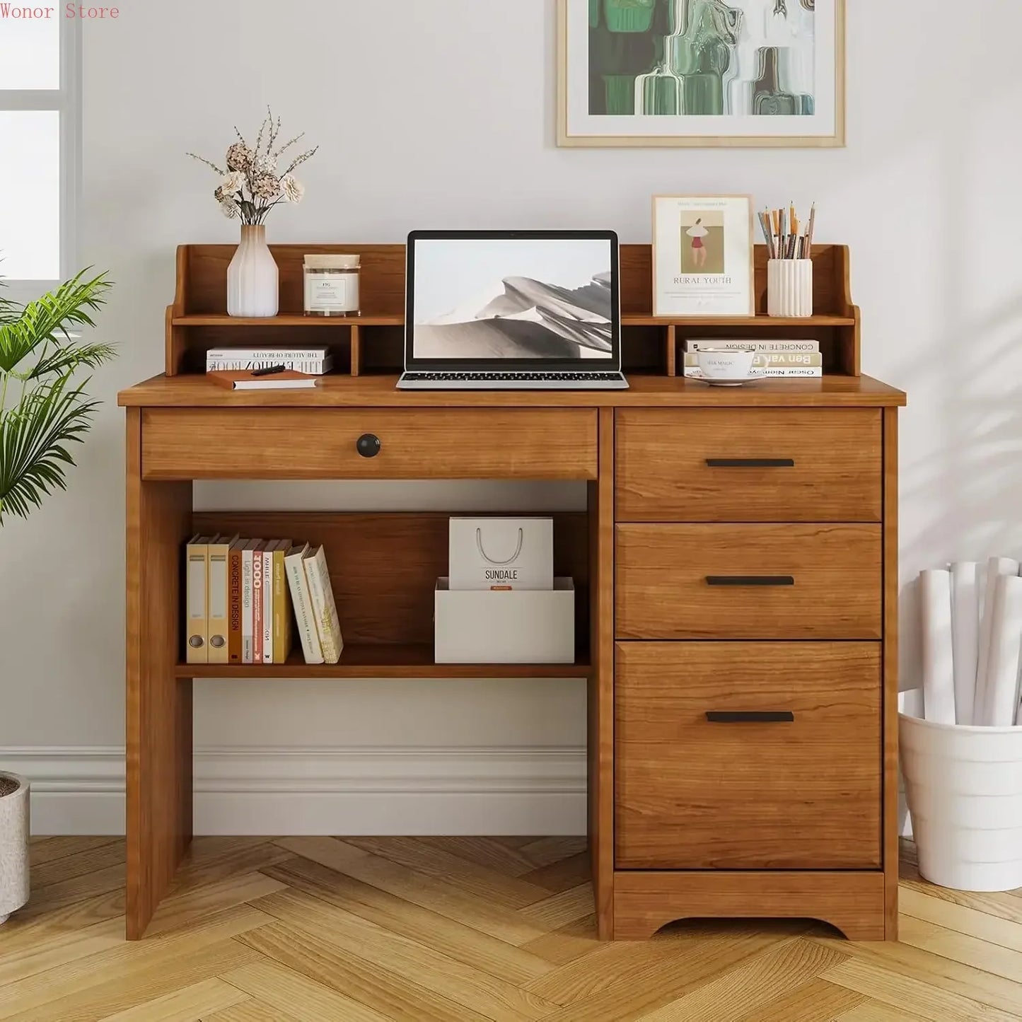 Compact Computer Desk With Drawers And Monitor Stand