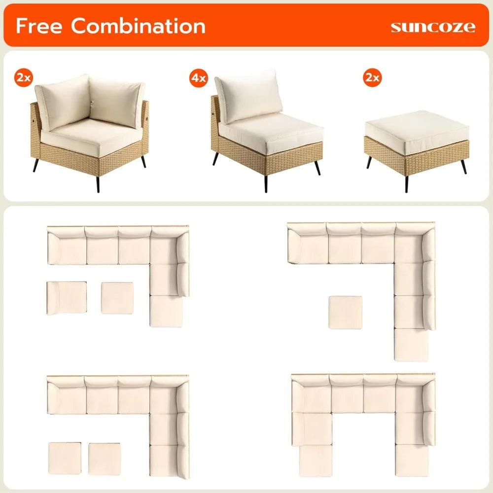 Modern Eight Piece Outdoor Sectional Sofa Rattan Wicker Set
