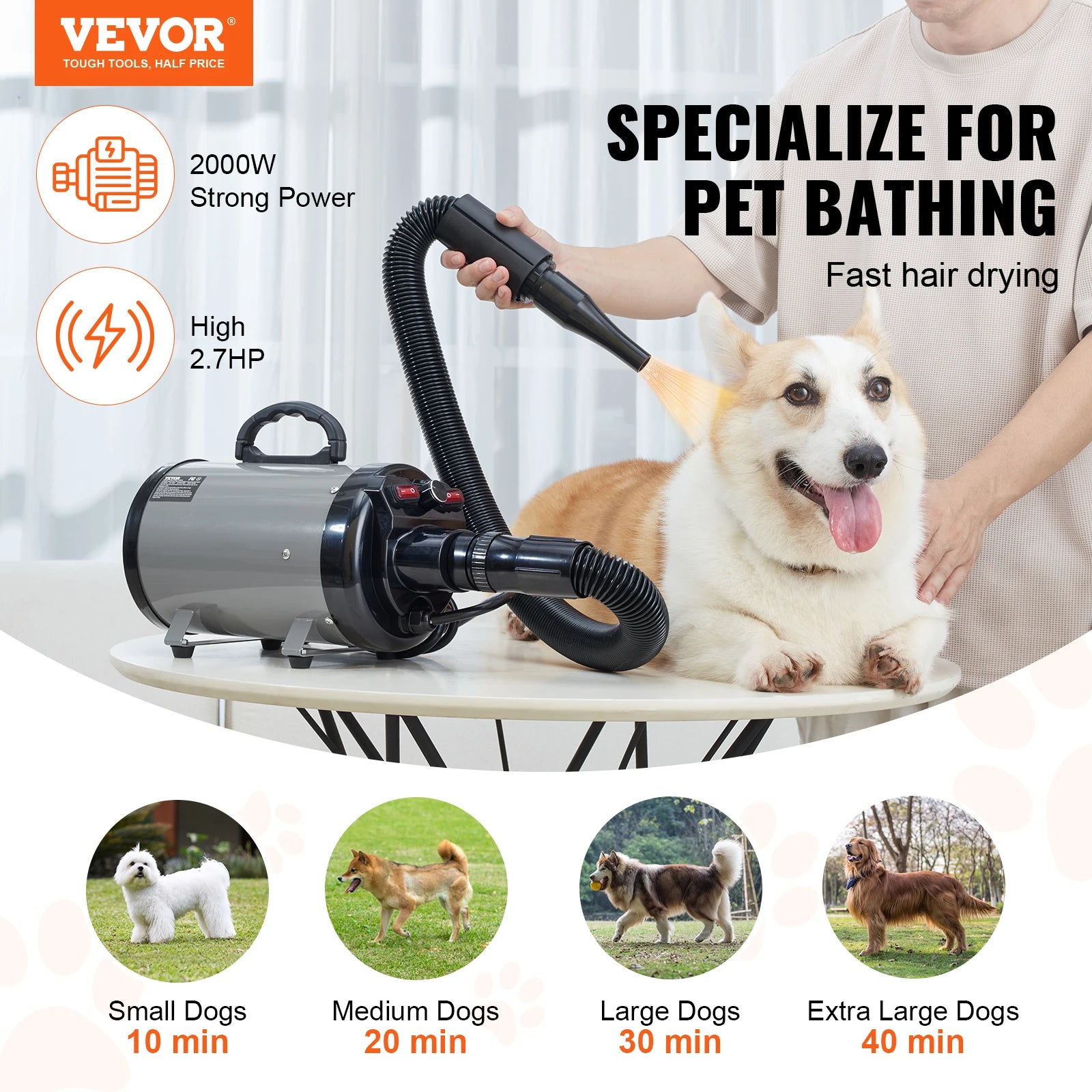 VEVOR 2000W Dog Blow Dryer with Adjustable Speed and Nozzles - Antland Marketplace