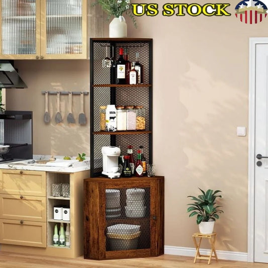65 Inch Corner Cabinet With Doors 6 Tier Storage Wine Glass