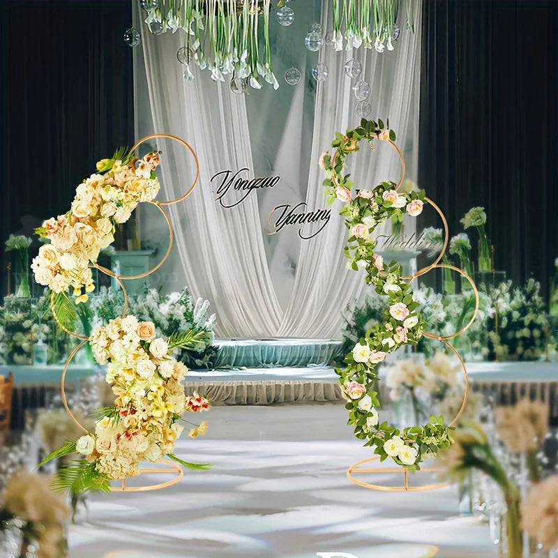 Two-Piece 5ft Round Gold Metal Flower Arch Frame Set For Wedding Backdrop And Party Photo Booth