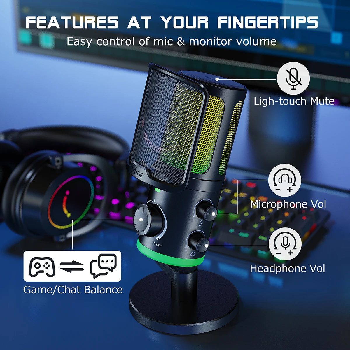 FIFINE USB Gaming Microphone with Noise Cancellation and RGB - Antland Marketplace