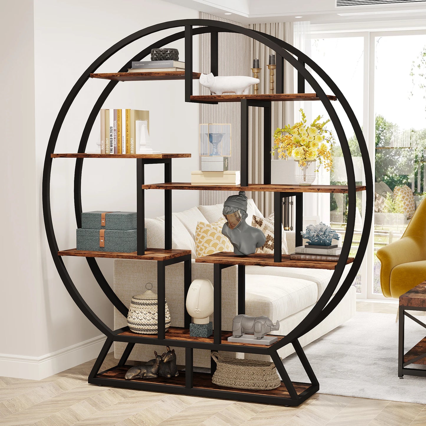 Tribesigns Round Etagere Bookshelf 63 Inch Industrial Wood