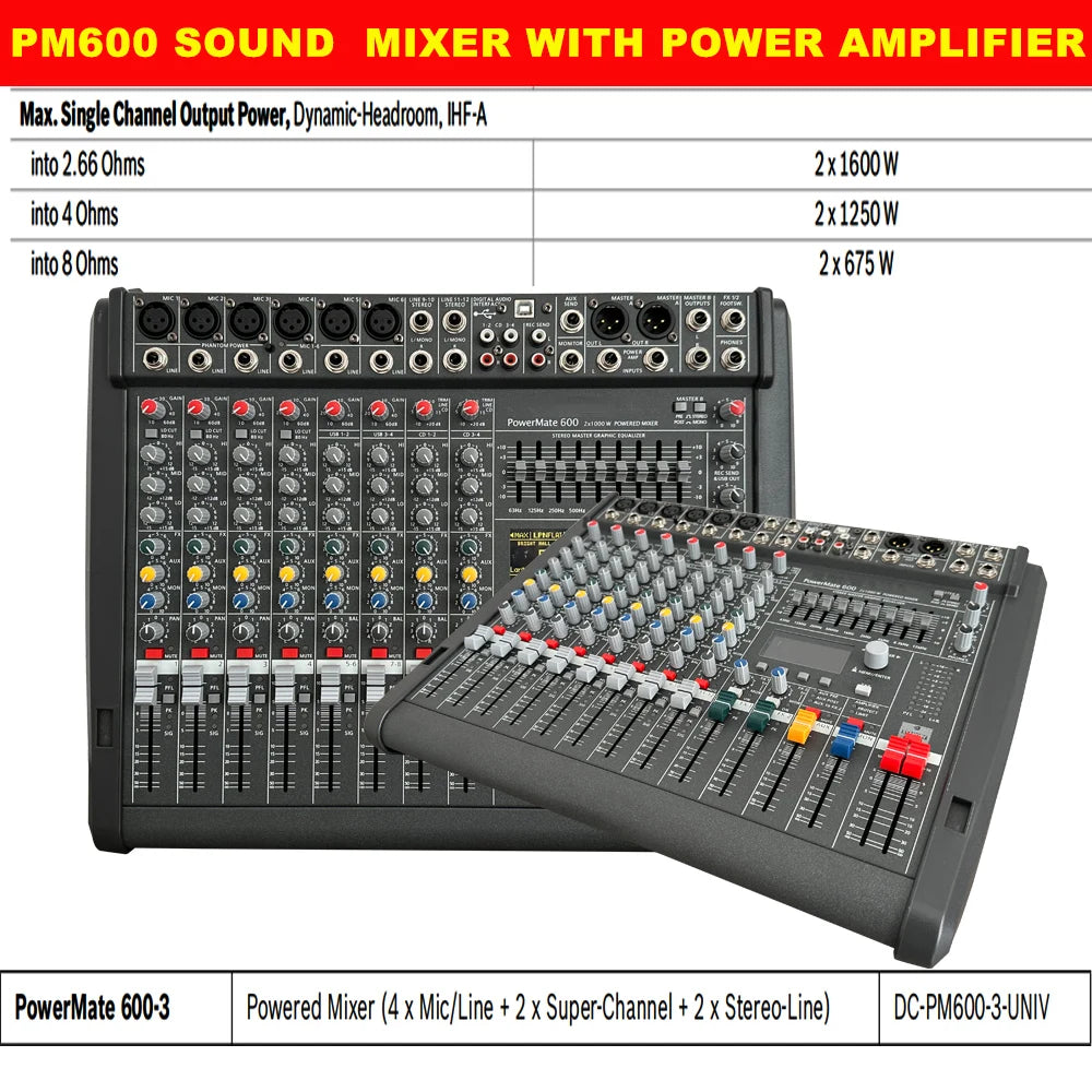 PM600 Console Mixer With 1000W Amplifier 6 Channel Audio