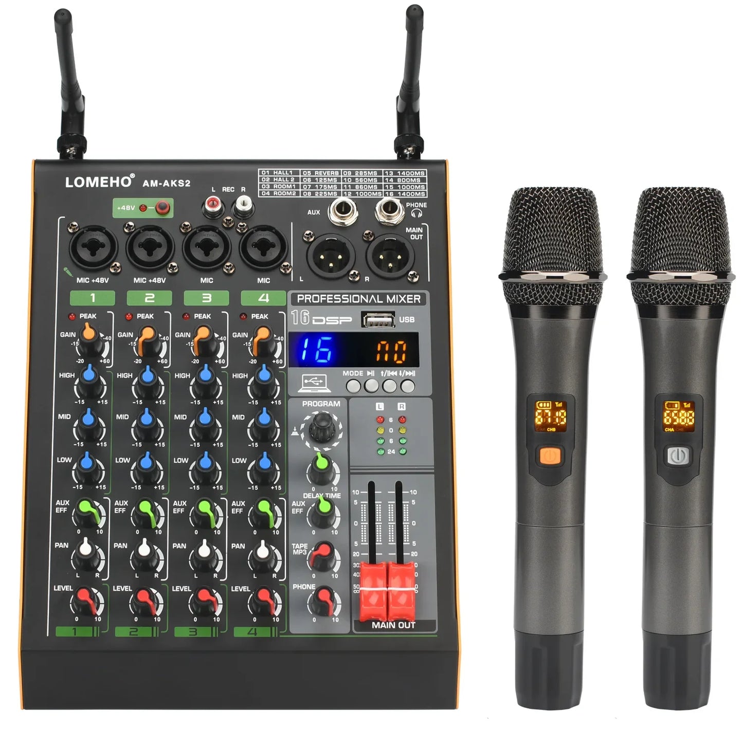 LOMEHO 4 Channel Bluetooth Audio Mixer with 2 Microphones