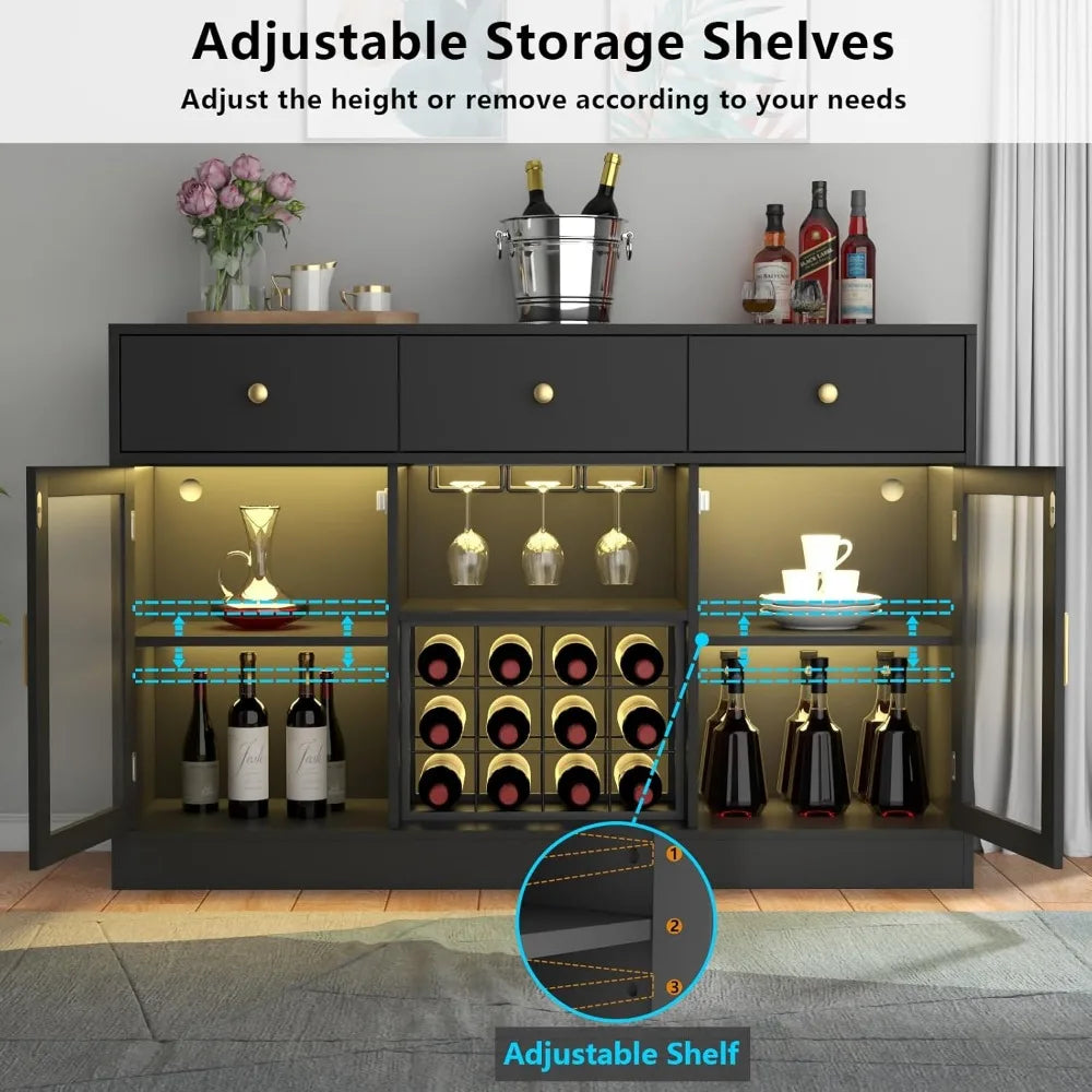 Wine Bar Cabinet With LED Light And Glass Rack Storage