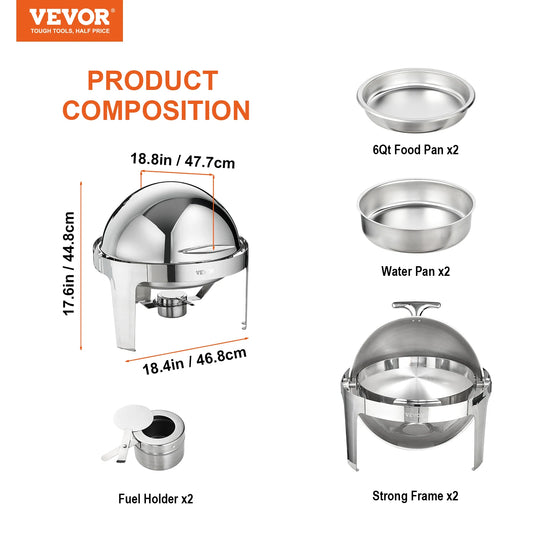 SucceBuy Roll Top Chafing Dish 6 Qt 2 Pack Stainless Steel