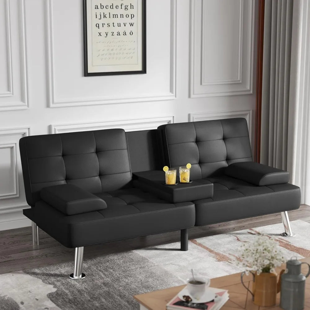 Home Black PU Leather Folding Futon Cup Holders Recliner