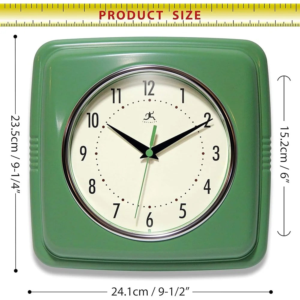 Square Silent Retro Wall Clock 9 Inch Quartz Sweep Movement Analog Kitchen Diner Decor