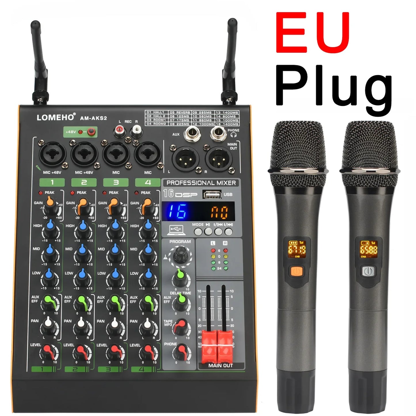 LOMEHO 4 Channel Bluetooth Audio Mixer with 2 Microphones