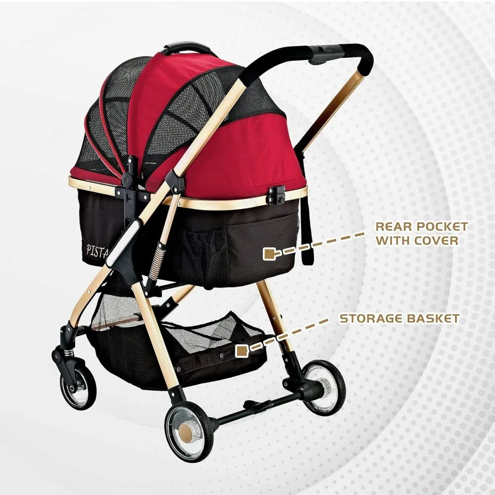 Pista Super Lightweight 3 In 1 Pet Stroller Carrier And Car Seat Red Aluminum Frame