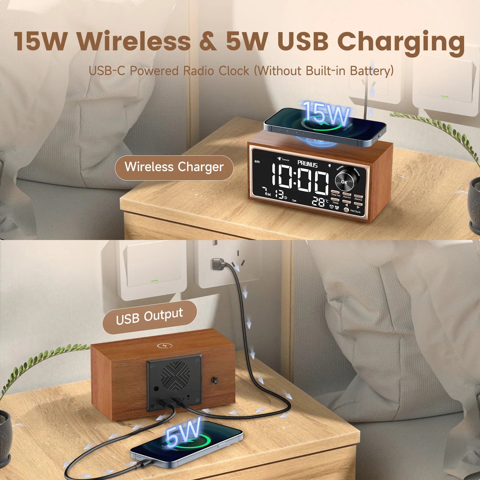 Retro Vintage Dual Alarm Clock Radio with Wireless Charging - Antland Marketplace