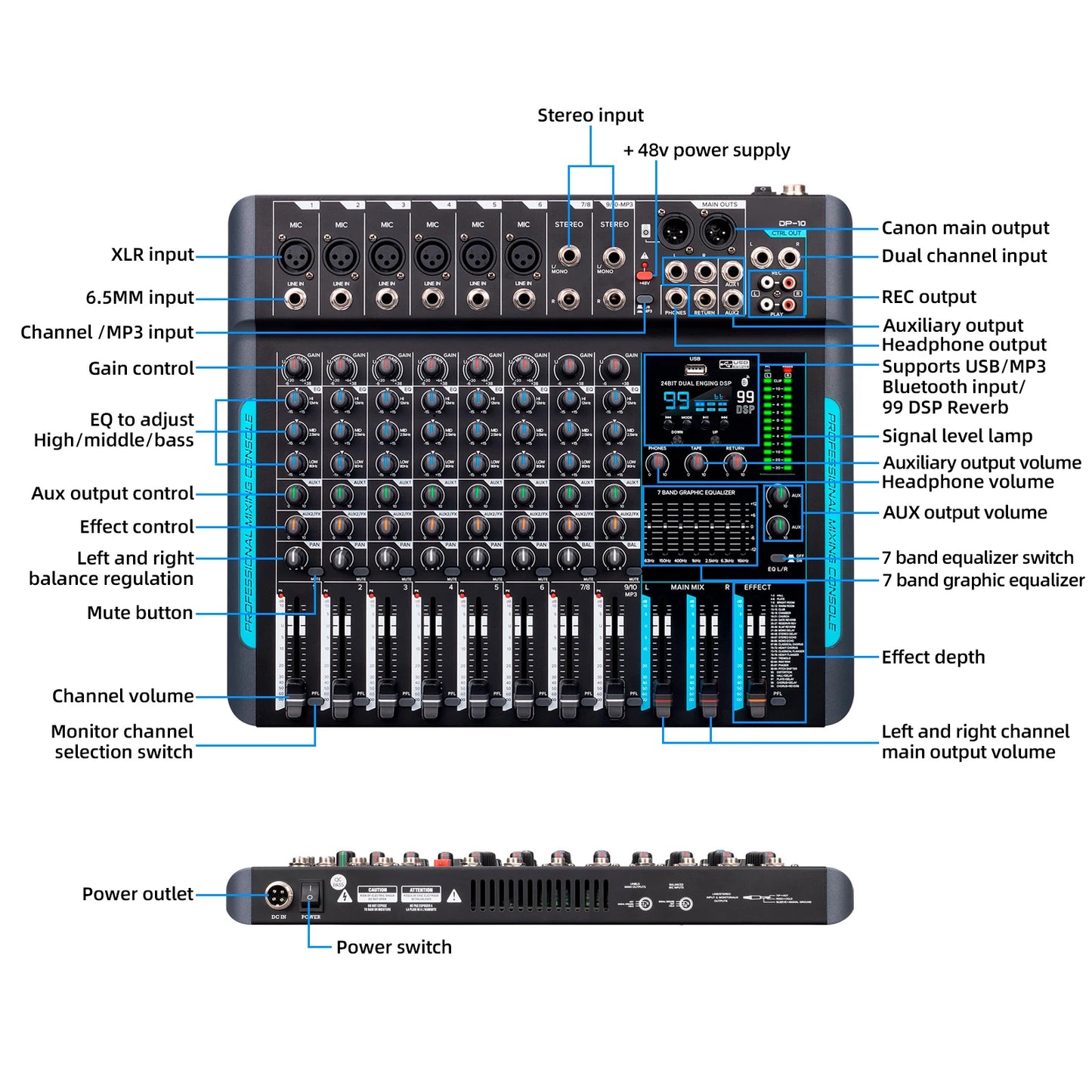 IKGE DP-10 Audio Mixer 10 Channel Bluetooth DJ Controller