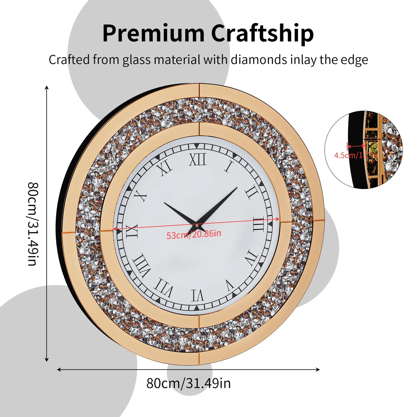 Silver Tawny Tinted Round Mirror Wall Clock with Crystal Sparkle - Antland Marketplace
