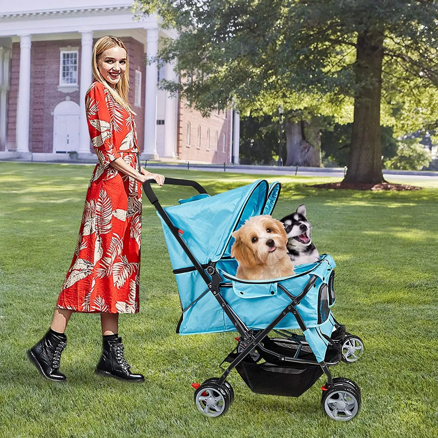 Double Pet Stroller Foldable Twin Dog Stroller With Storage