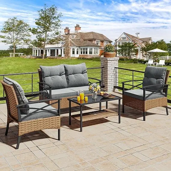 Outdoor Wicker Patio Conversation Set With Metal Table