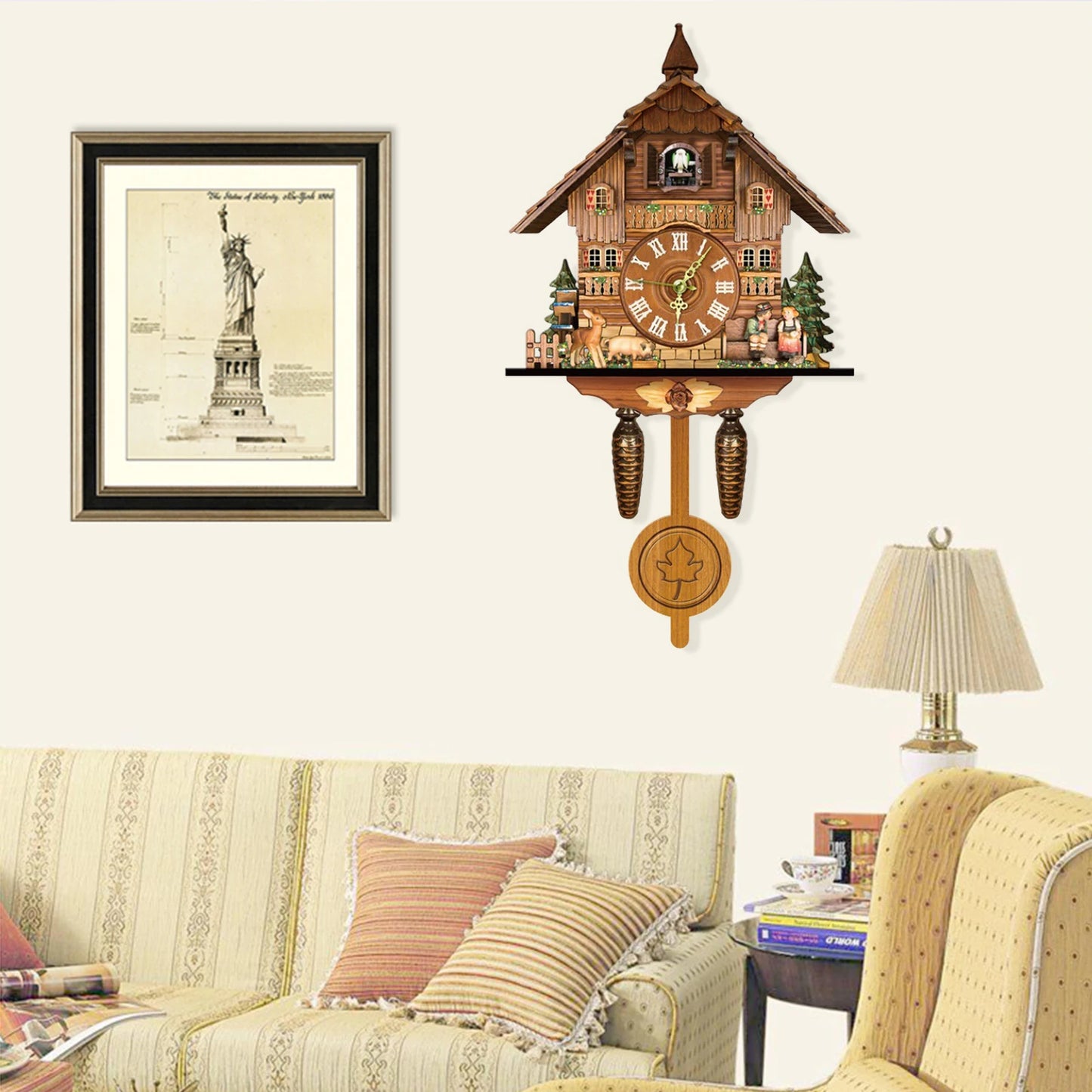 Cuckoo Clock Wall Mount Swing Alarm Bird Clock In Imitation Wood Style With Easy Read Dials For Living Room